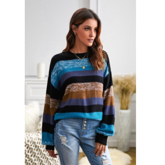 Sweaters - Blue Color Block Acrylic Balloon Sleeve Sweater